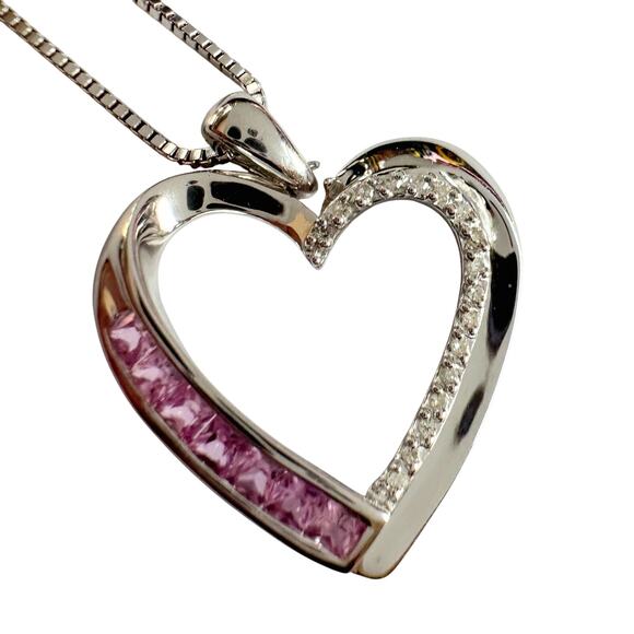 Pink & White Heart Necklace with Lab Created Sapphires - Sterling Silver - Picture 8 of 14
